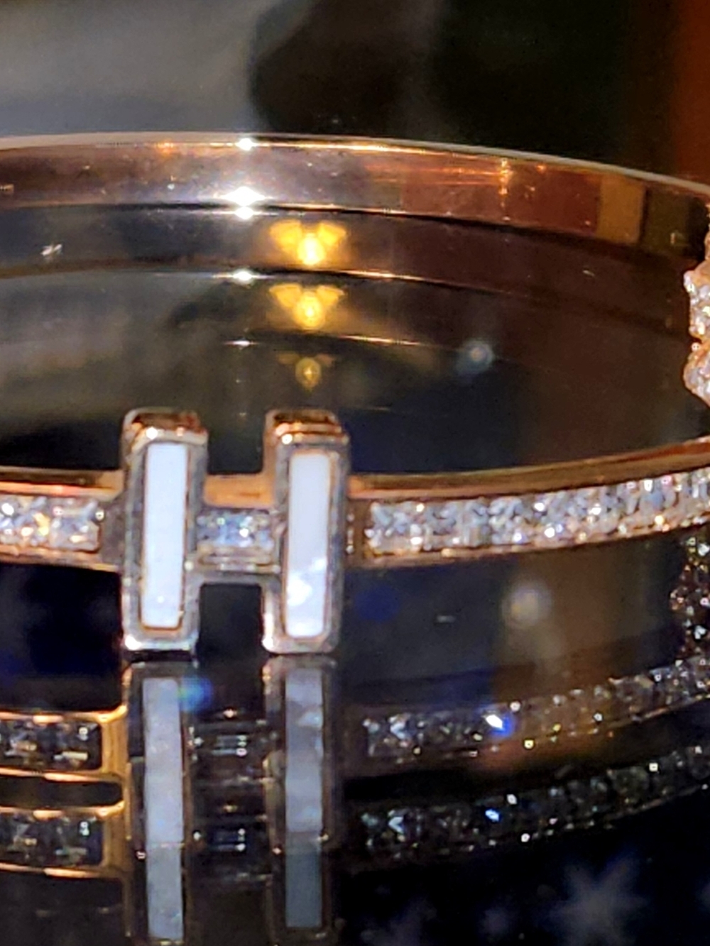 NEW 2pcs CZ Enamel H Initial Bangle Gold Plated Bracelet & CZ Ring WWhite Inlay - Picture 3 of 4